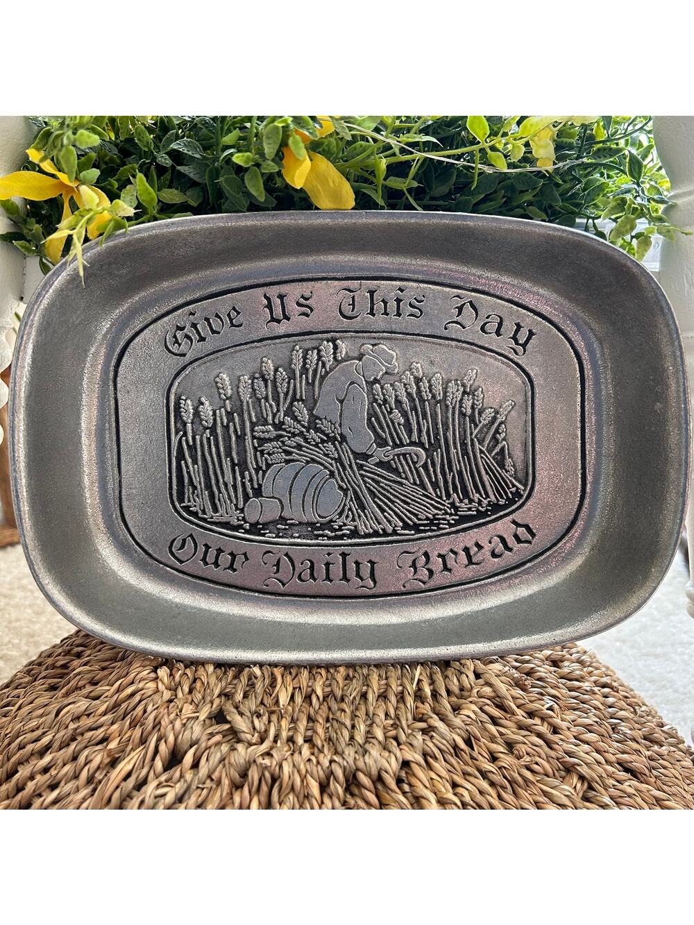 Vintage Pewter Tray with Give Us this Day Phrase and Farmer Working in Field